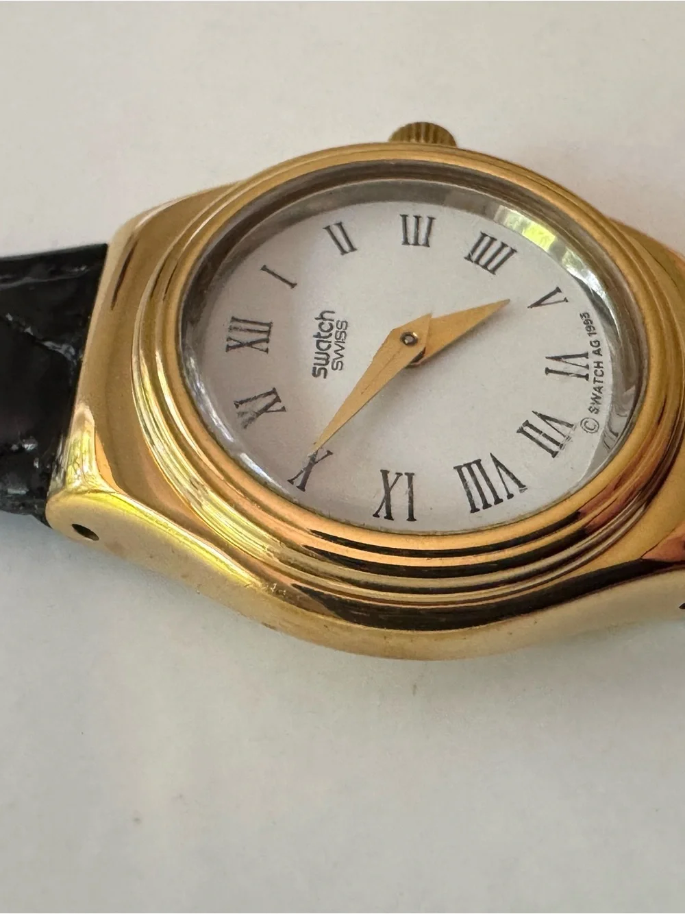 Swatch Watch White Dial with Roman Numerals and Black patent Strap